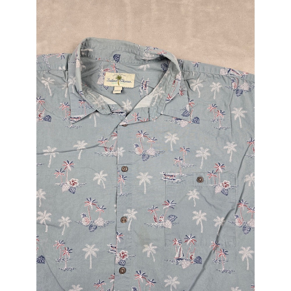 Island Shores Hawaiian Shirt Mens XXL Blue Palm Tree Tropical Cotton Casual